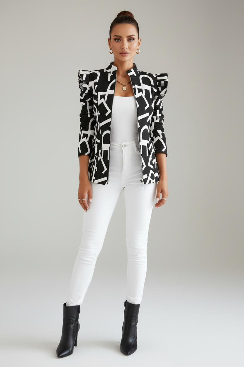 Patterned Womens Jacket with Stand Up Collar and Zip Front