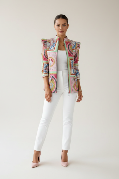 Patterned Womens Jacket with Stand Up Collar and Zip Front
