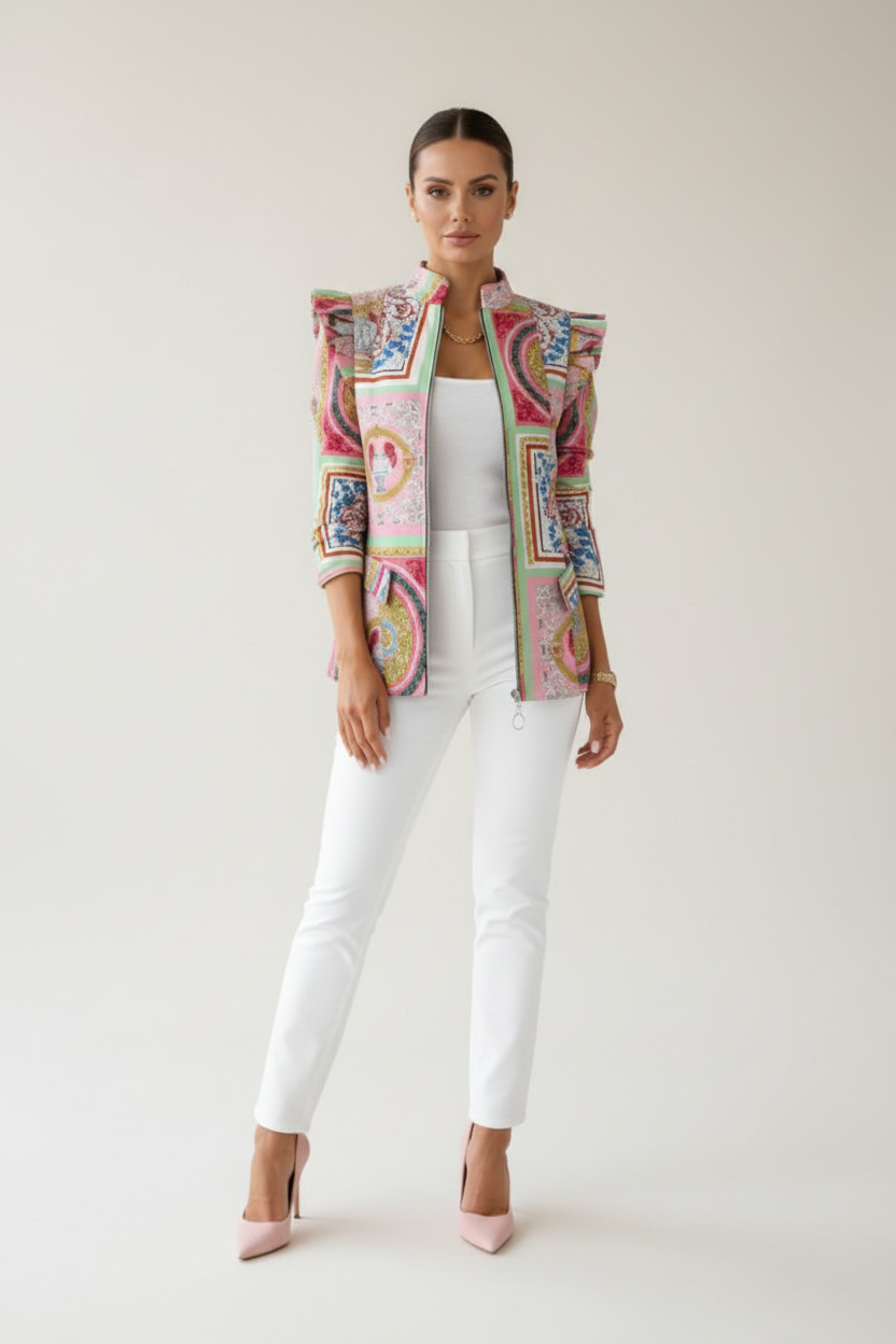 Patterned Womens Jacket with Stand Up Collar and Zip Front