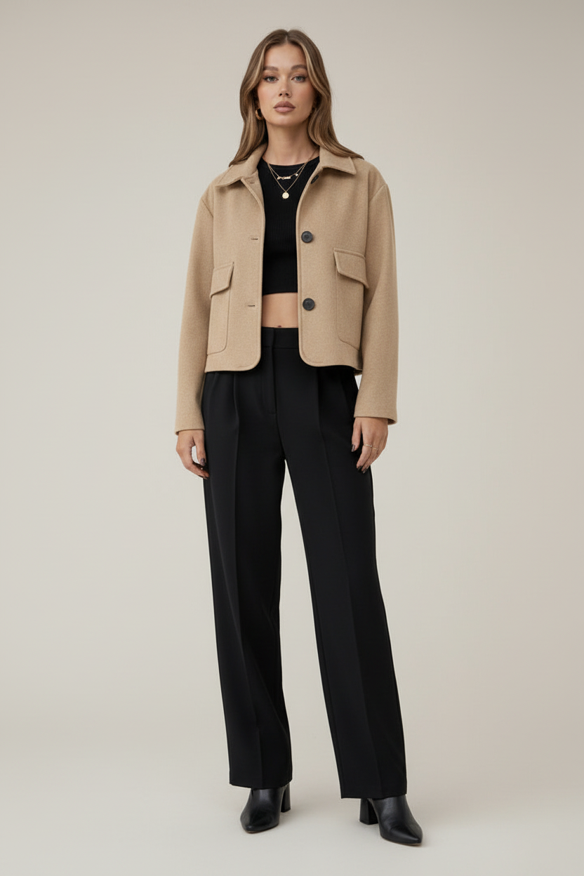 Cropped Faux Suede Jacket with Shirt Collar and Button Front
