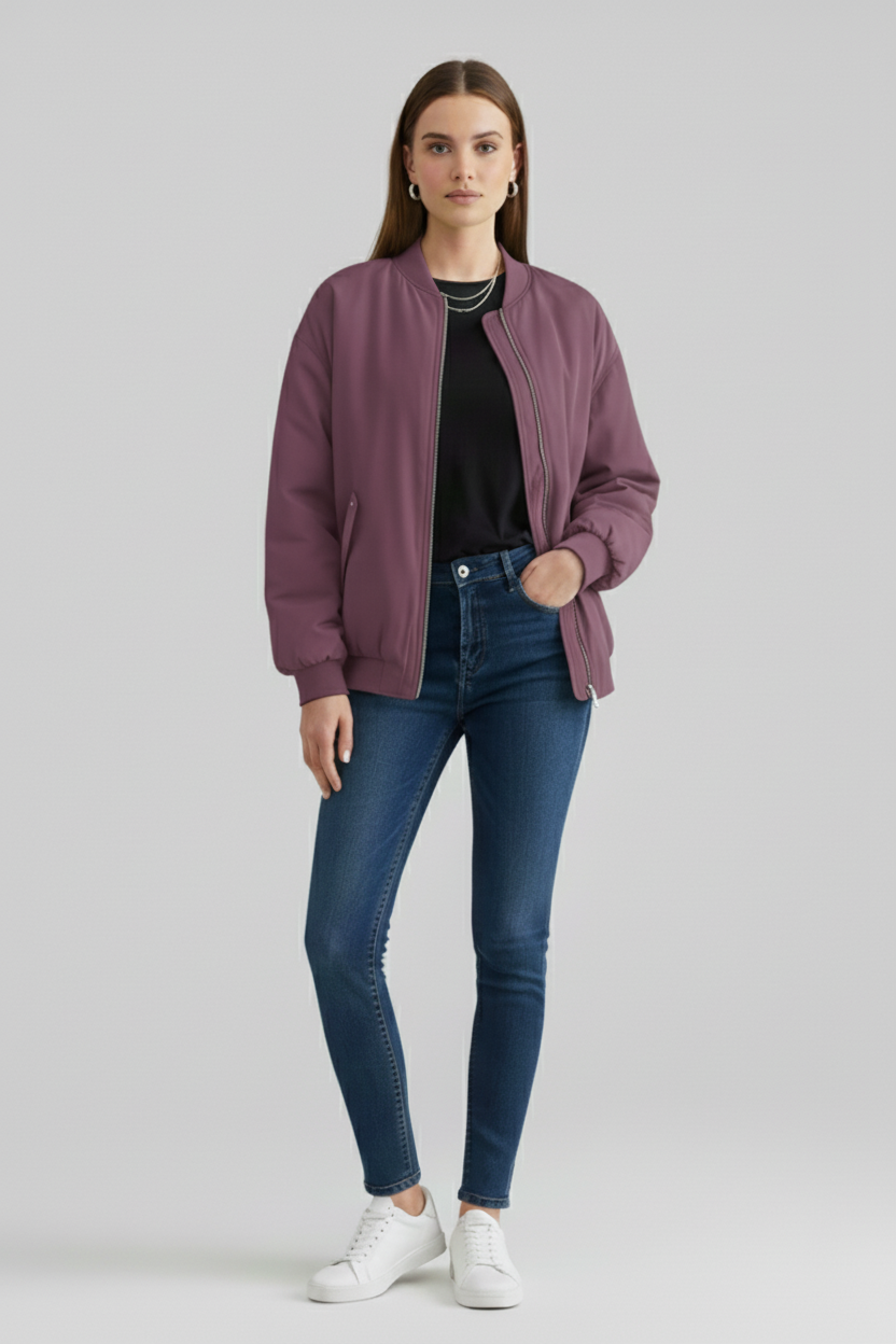 Zip Front Bomber Jacket with Ribbed Crew Neck