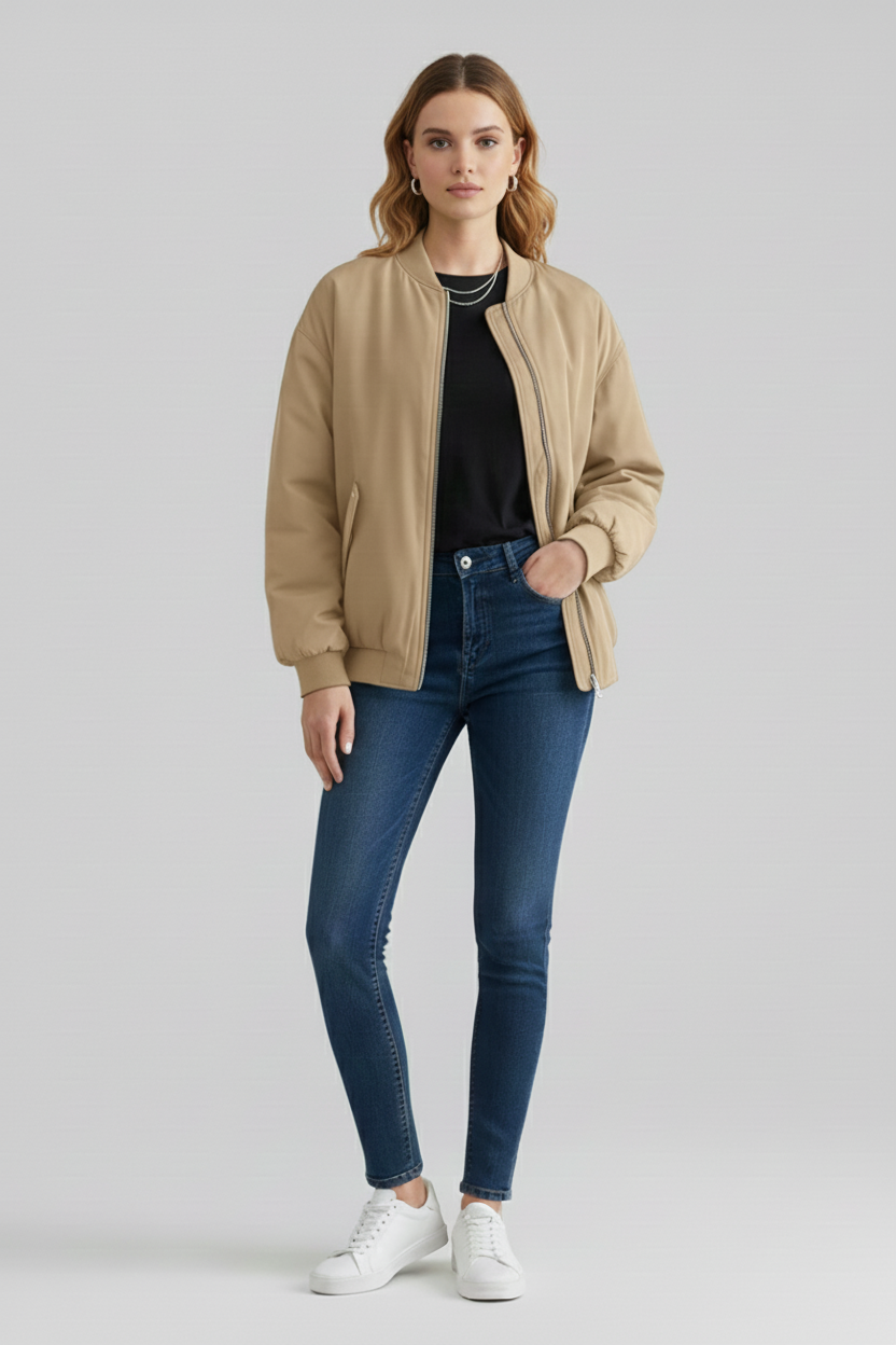 Zip Front Bomber Jacket with Ribbed Crew Neck