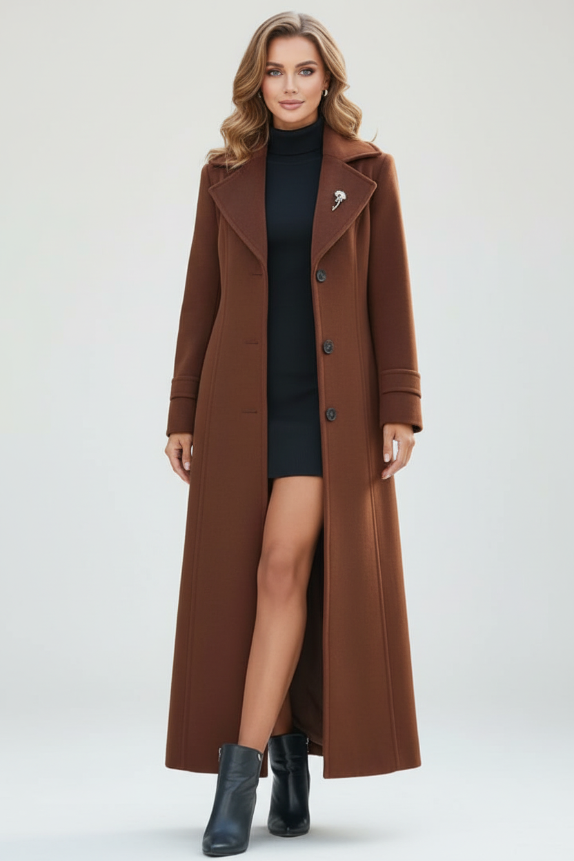 Long Womens Coat with Shawl Collar and Belted Waist
