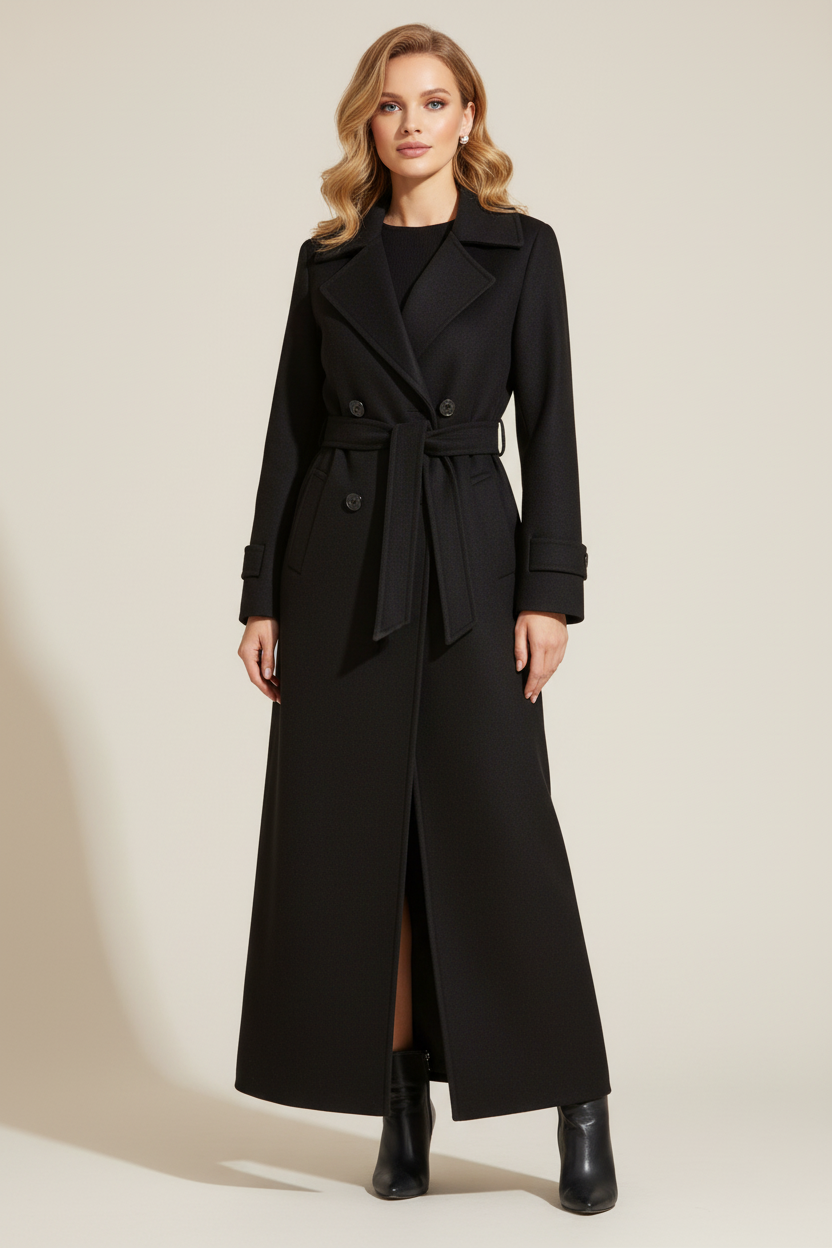 Long Womens Coat with Shawl Collar and Belted Waist