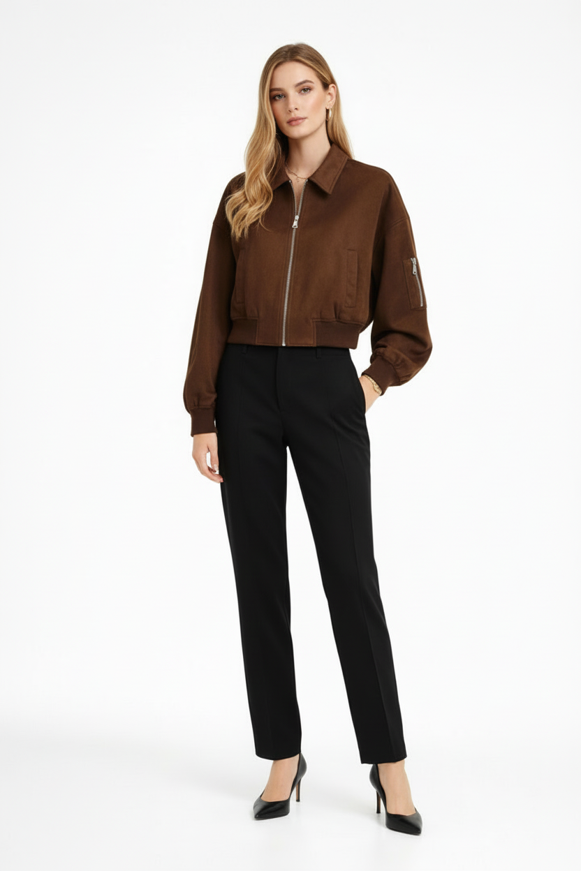 Women’s Cropped Bomber Jacket with Zip Closure and Pocket Detail