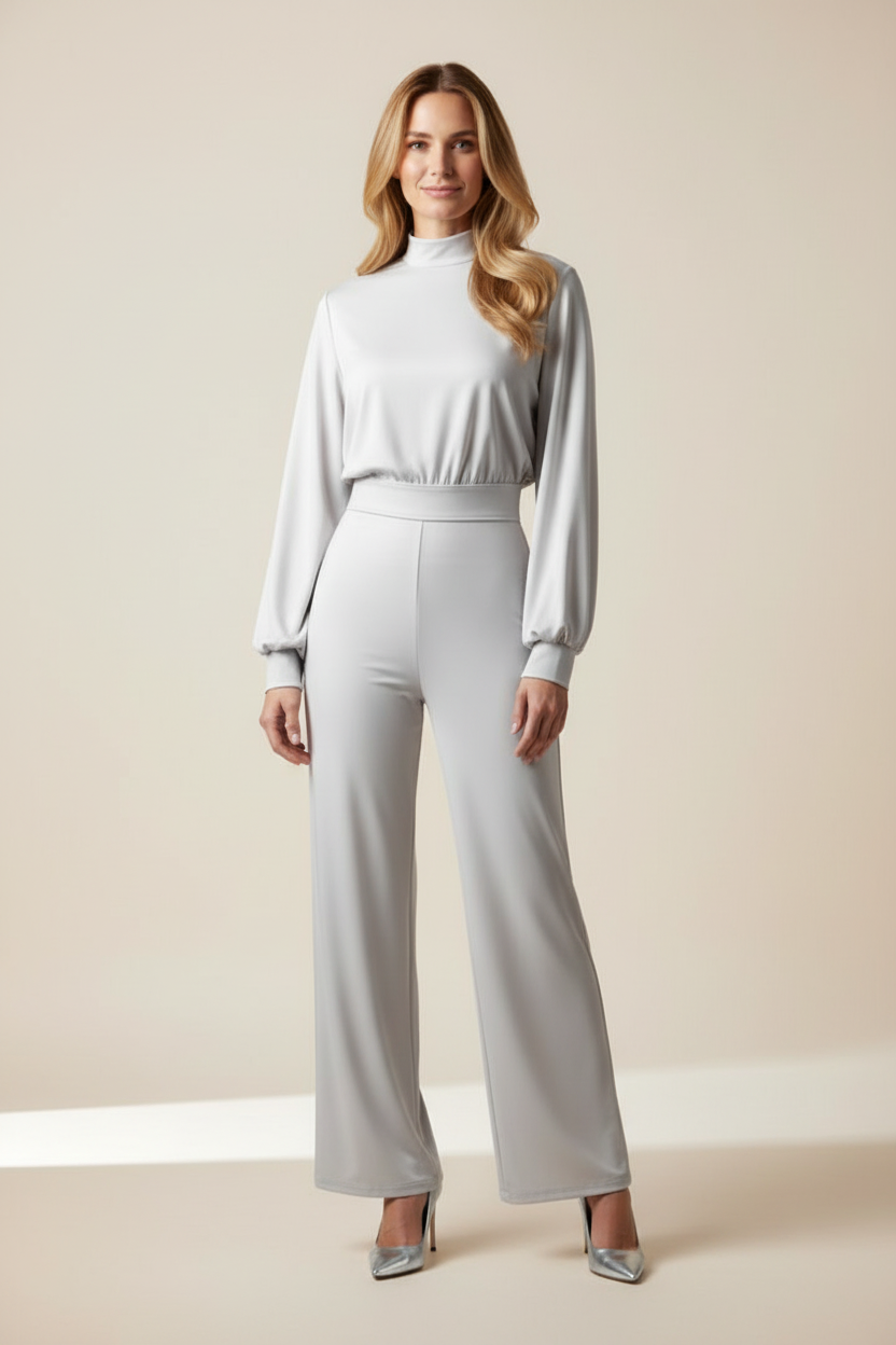 Women’s Half-Collar Jumpsuit with Wide-Leg Trousers