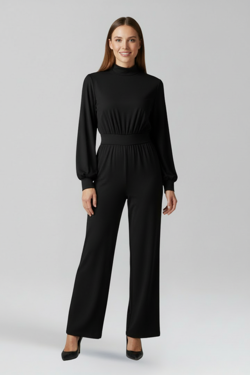 Women’s Half-Collar Jumpsuit with Wide-Leg Trousers