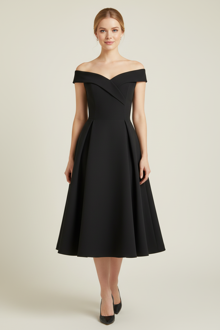 Off Shoulder Midi Dress with Shaped Bodice and Flared Skirt