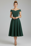 Off Shoulder Midi Dress with Shaped Bodice and Flared Skirt