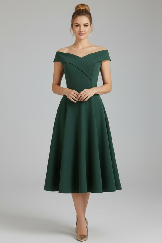 Off Shoulder Midi Dress with Shaped Bodice and Flared Skirt