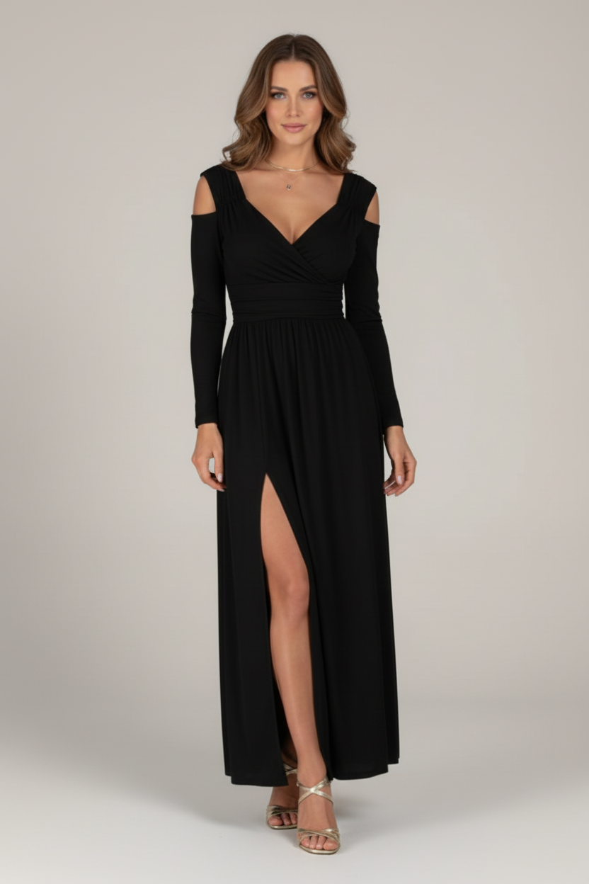 V Neck Maxi Dress with Shoulder Cut Outs and Side Slit