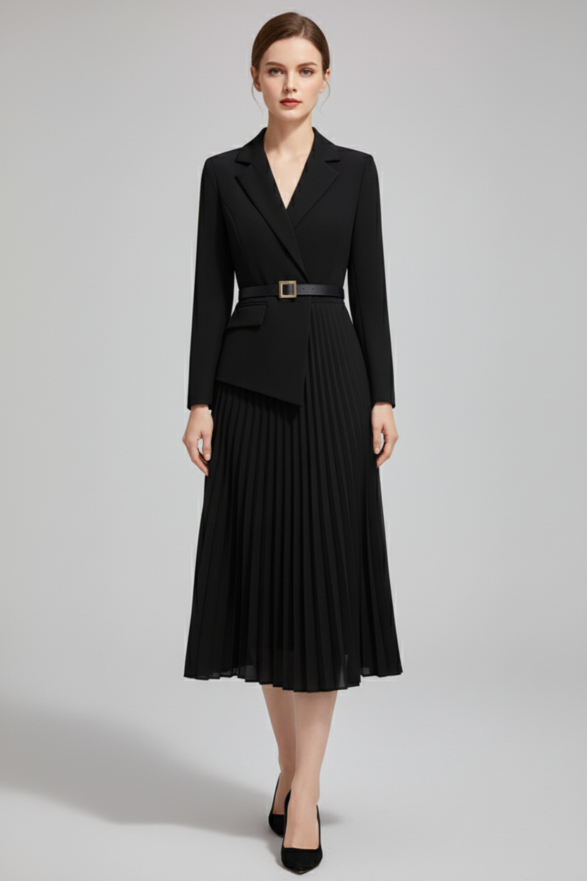 Belted Blazer Dress with Pleated Skirt Detail