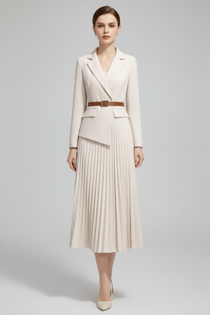 Belted Blazer Dress with Pleated Skirt Detail