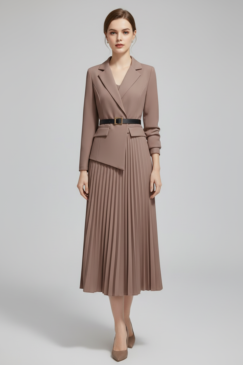 Belted Blazer Dress with Pleated Skirt Detail