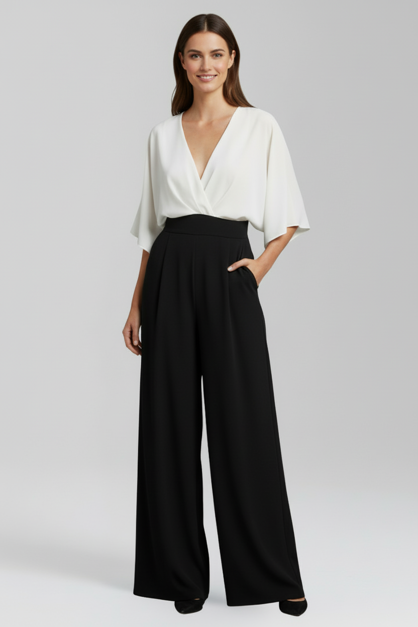 Women’s Loose-Fit Jumpsuit with V Neck and Batwing Sleeves