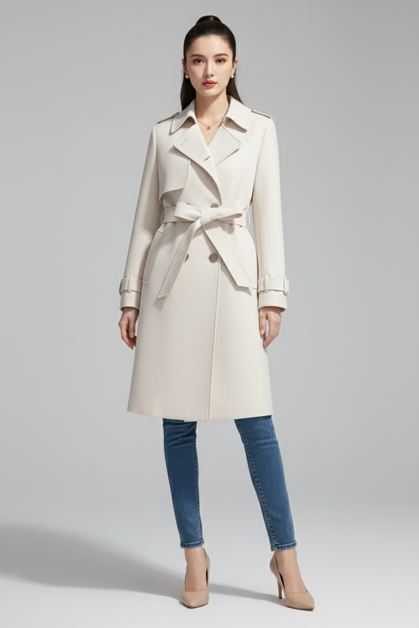 Womens Trench Coat with Classic Collar and Belted Closure