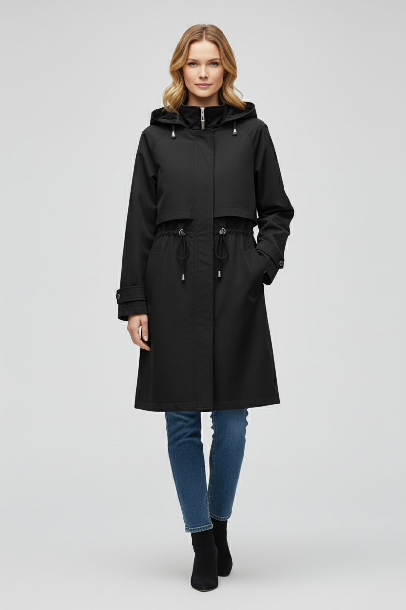 Long Womens Trench Coat with Hood Adjustable Waist and Zip Front