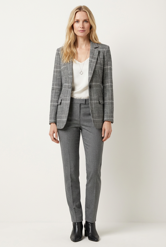 Checked Womens Blazer with Structured Shape and Button Front