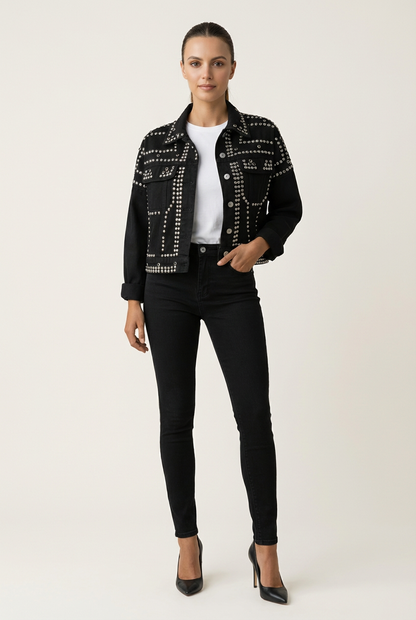 Cropped Womens Jacket with Turned Collar and Studded Surface