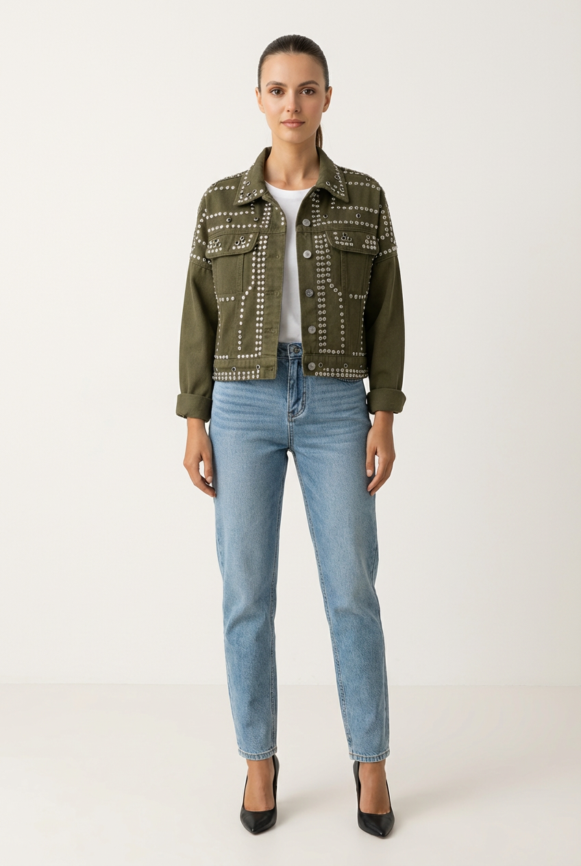 Cropped Womens Jacket with Turned Collar and Studded Surface