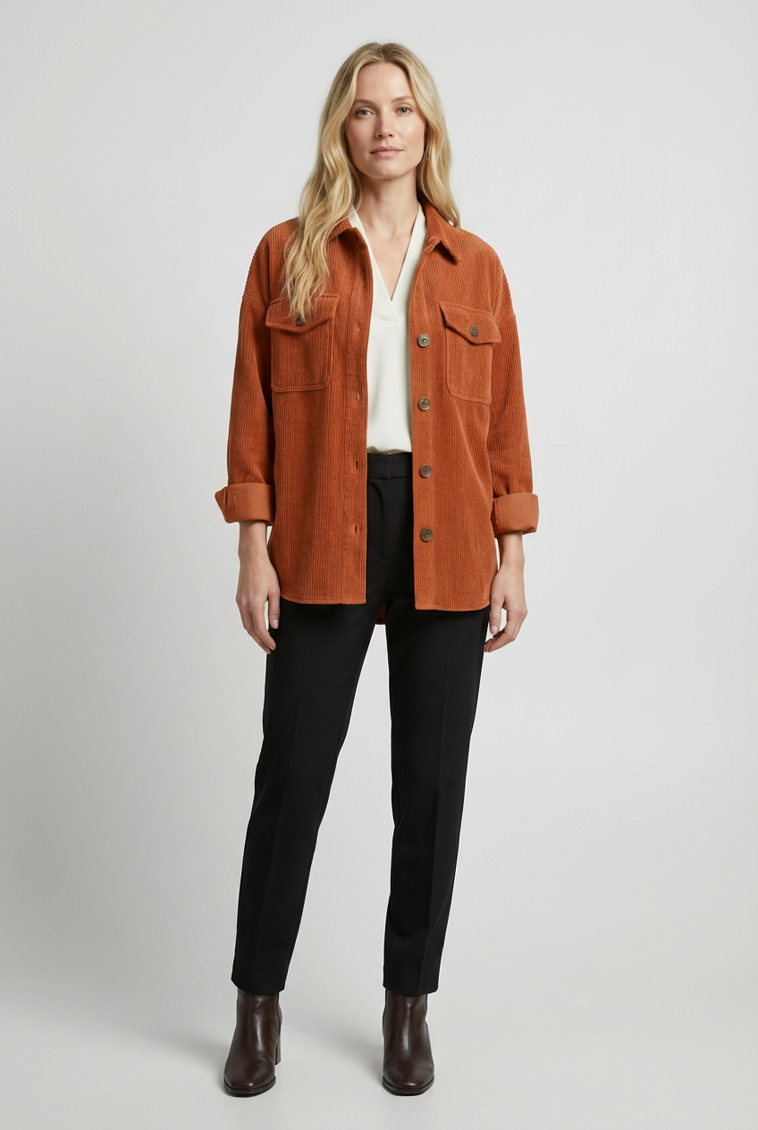 Corduroy Womens Jacket with Peaked Collar and Button Front Fit