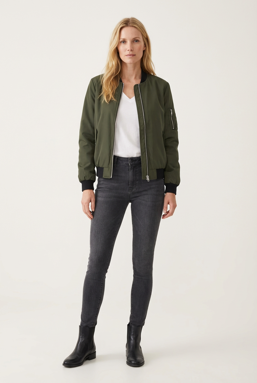 Short Womens Zip Jacket with Ribbed Hem and Cuff Detail