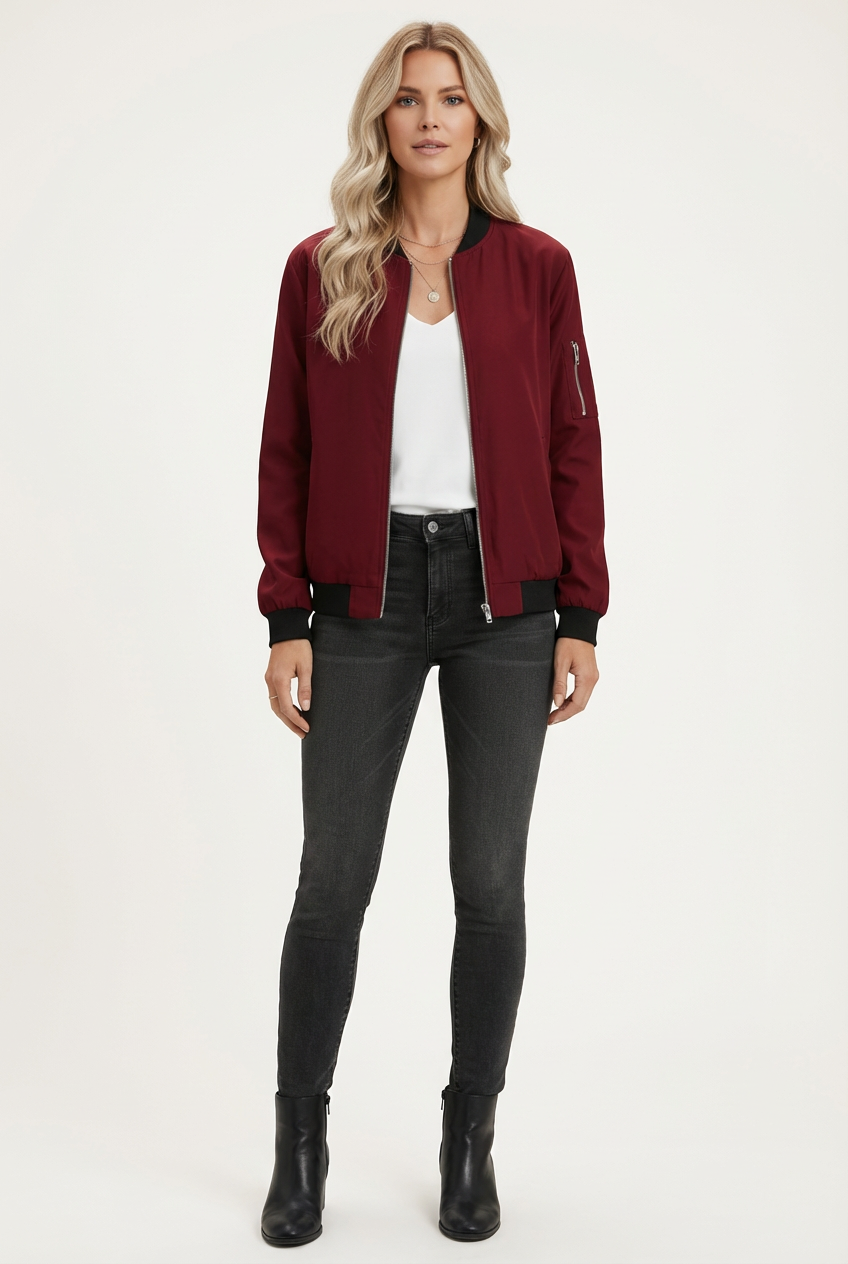 Short Womens Zip Jacket with Ribbed Hem and Cuff Detail