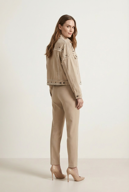Cropped Womens Jacket with Turned Collar and Studded Surface