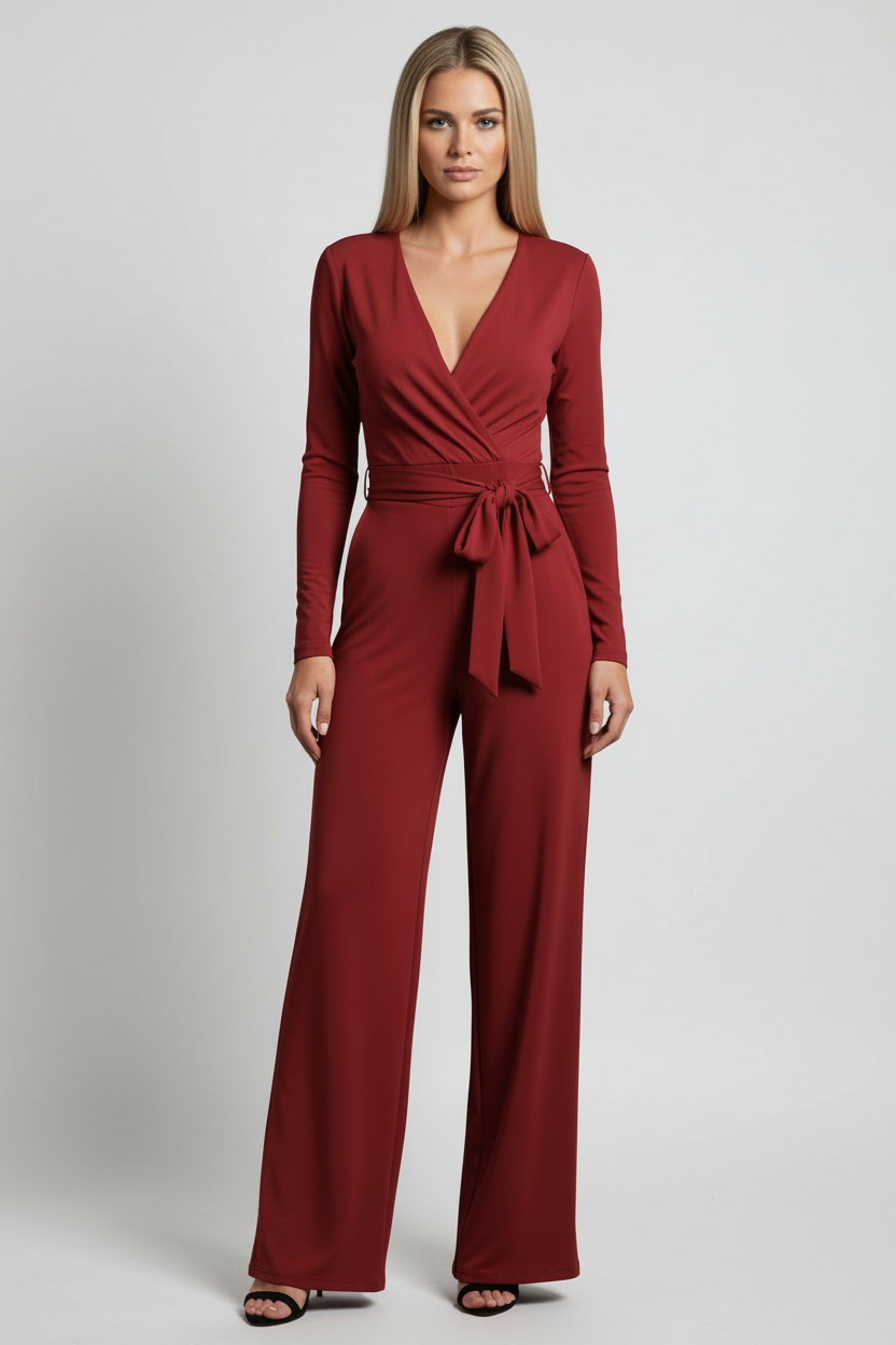 V Neck Wrap Jumpsuit with Tie Waist and Wide Leg Fit