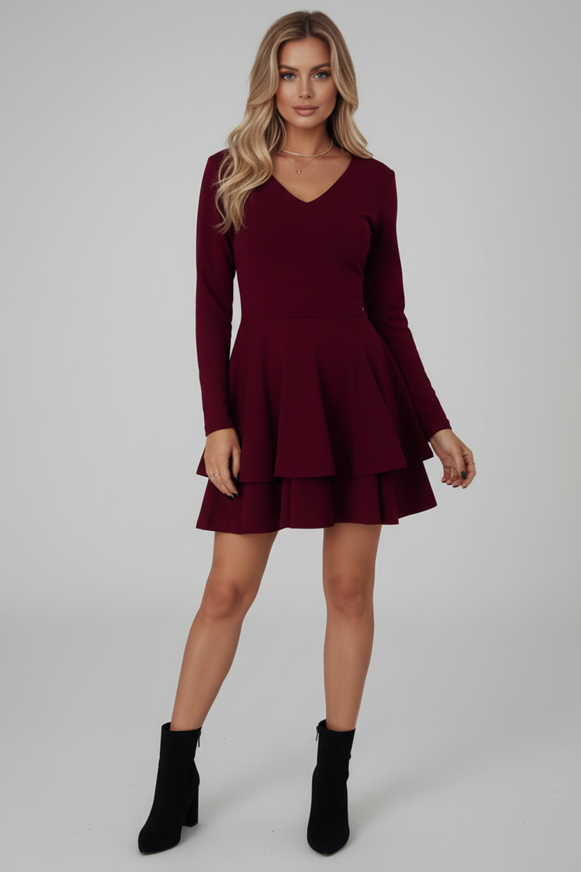 V Neck Dress with Tiered Skirt and Long Sleeves