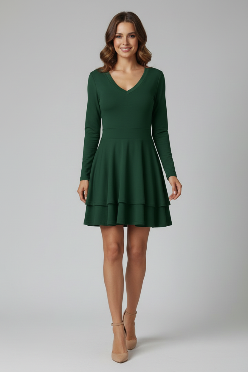 V Neck Dress with Tiered Skirt and Long Sleeves