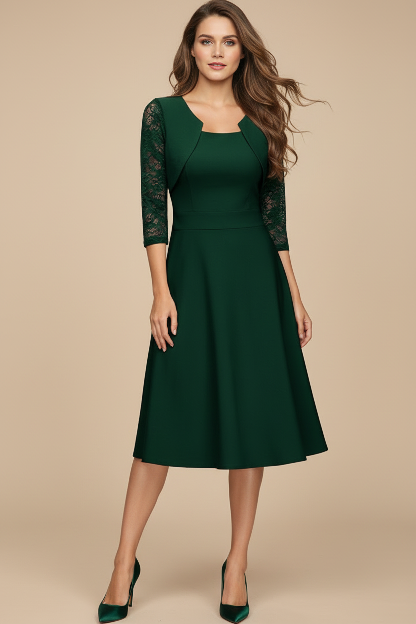 Flared Midi Dress with Lace Sleeves and Round Neck