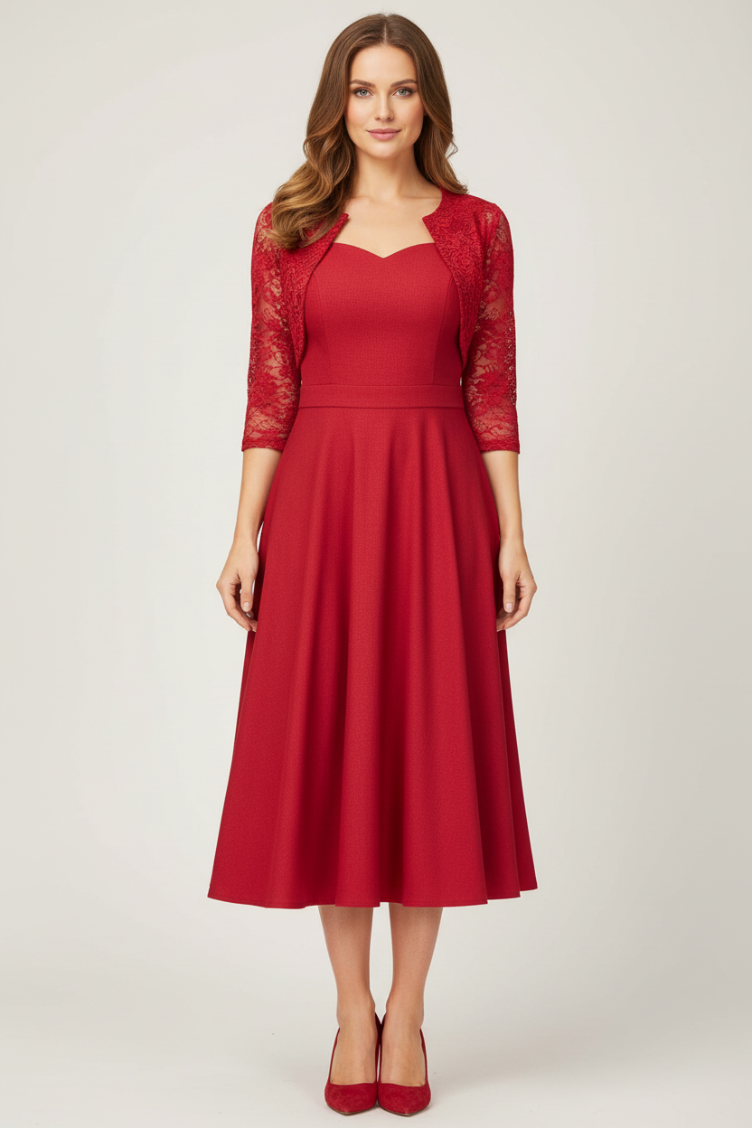 Flared Midi Dress with Lace Sleeves and Round Neck