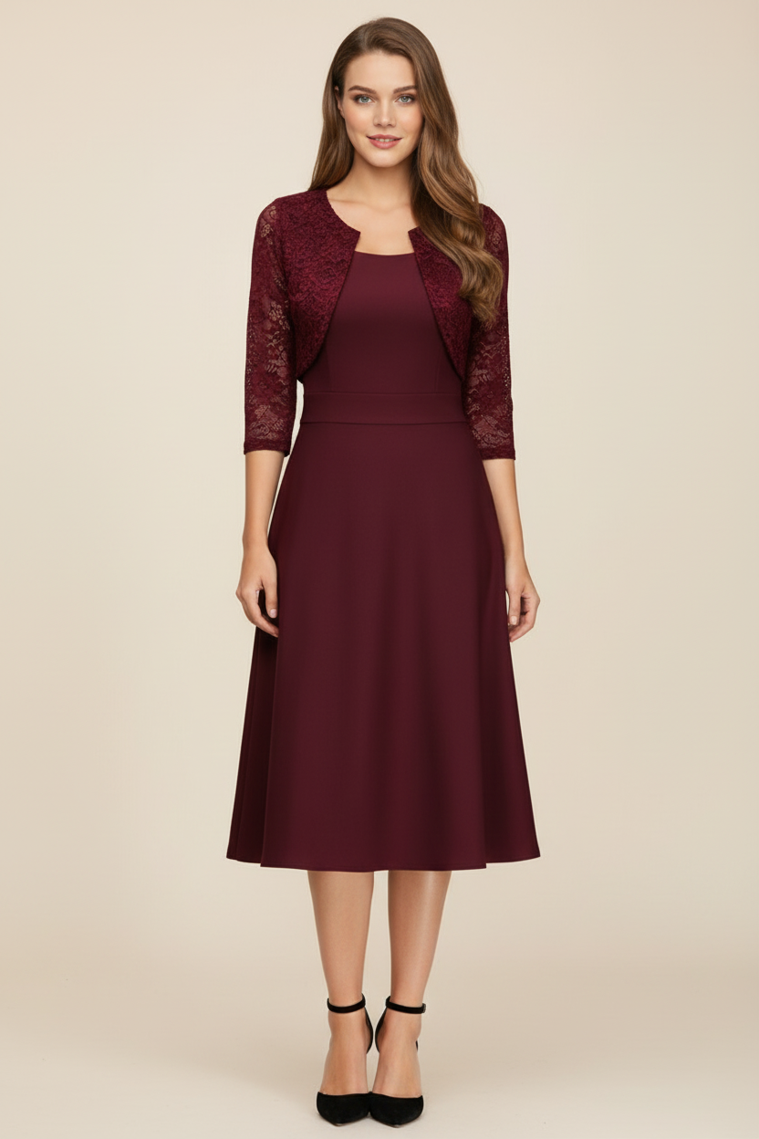 Flared Midi Dress with Lace Sleeves and Round Neck