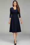 Flared Midi Dress with Lace Sleeves and Round Neck