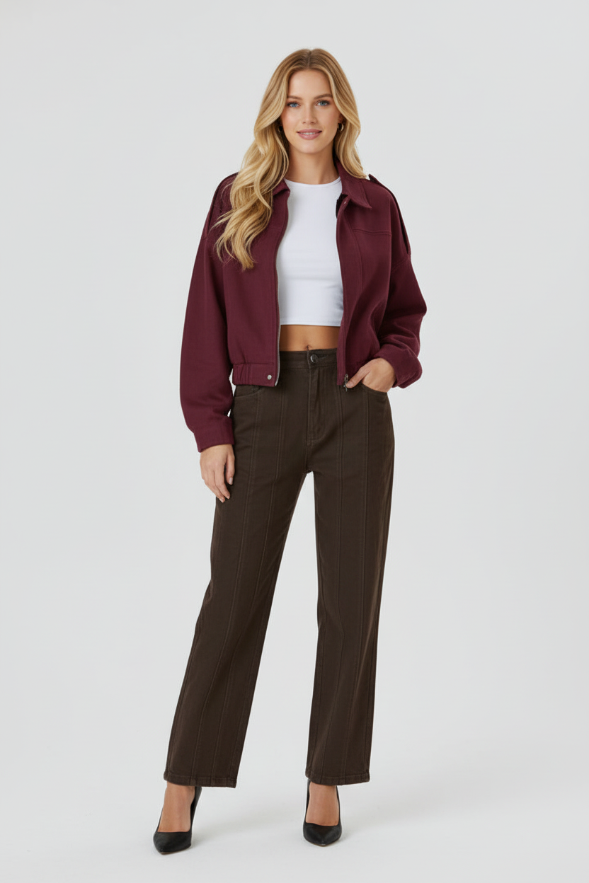 Short Cut Womens Jacket with Structured Shoulders and Zip Front