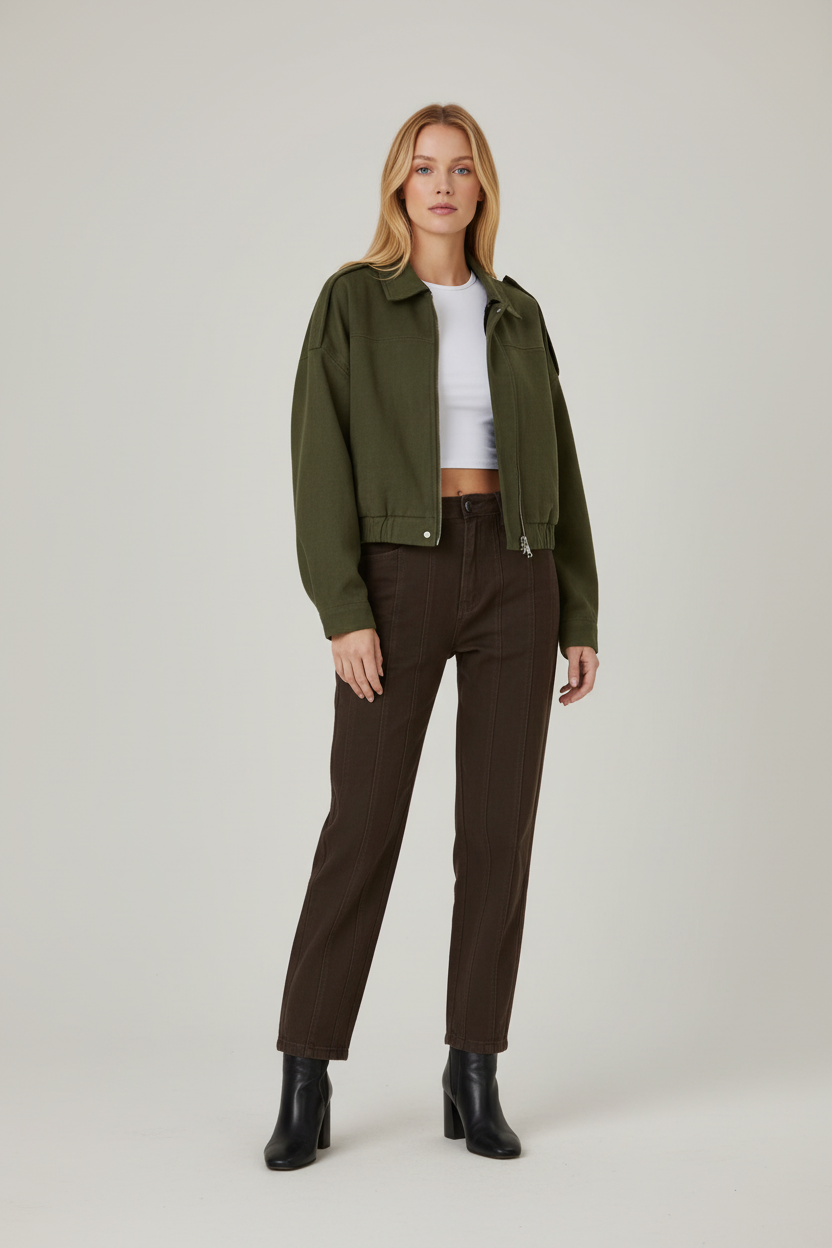 Short Cut Womens Jacket with Structured Shoulders and Zip Front
