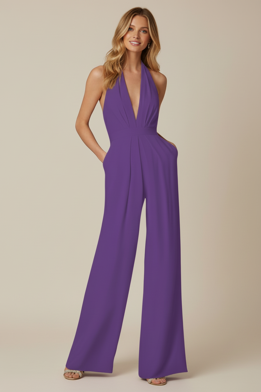 Women’s Halter Neck Jumpsuit with Shaped Waist and Wide Legs