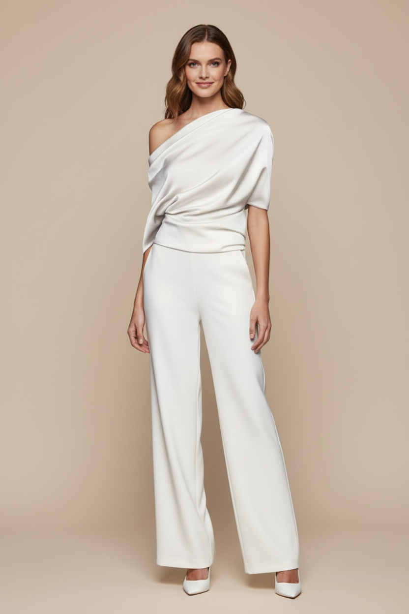 Women’s Asymmetric Neck Jumpsuit with Long Sleeves and Wide Legs