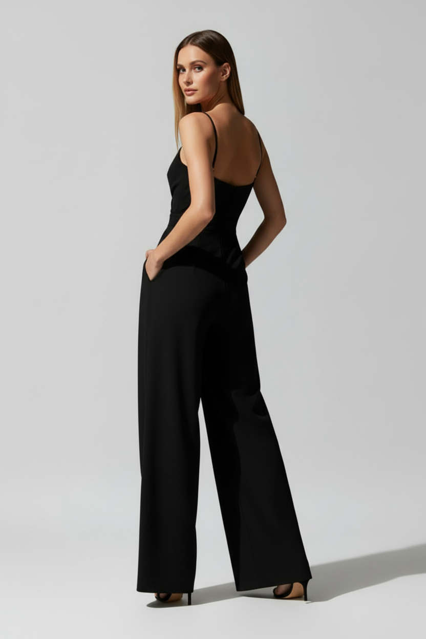 Women’s Sleeveless V Neck Jumpsuit with Wide Full-Length Legs