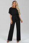 Women’s Short Sleeve Jumpsuit with Waist Tie and Wide Legs