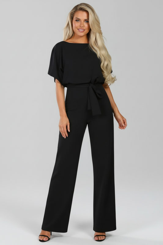 Women’s Short Sleeve Jumpsuit with Waist Tie and Wide Legs