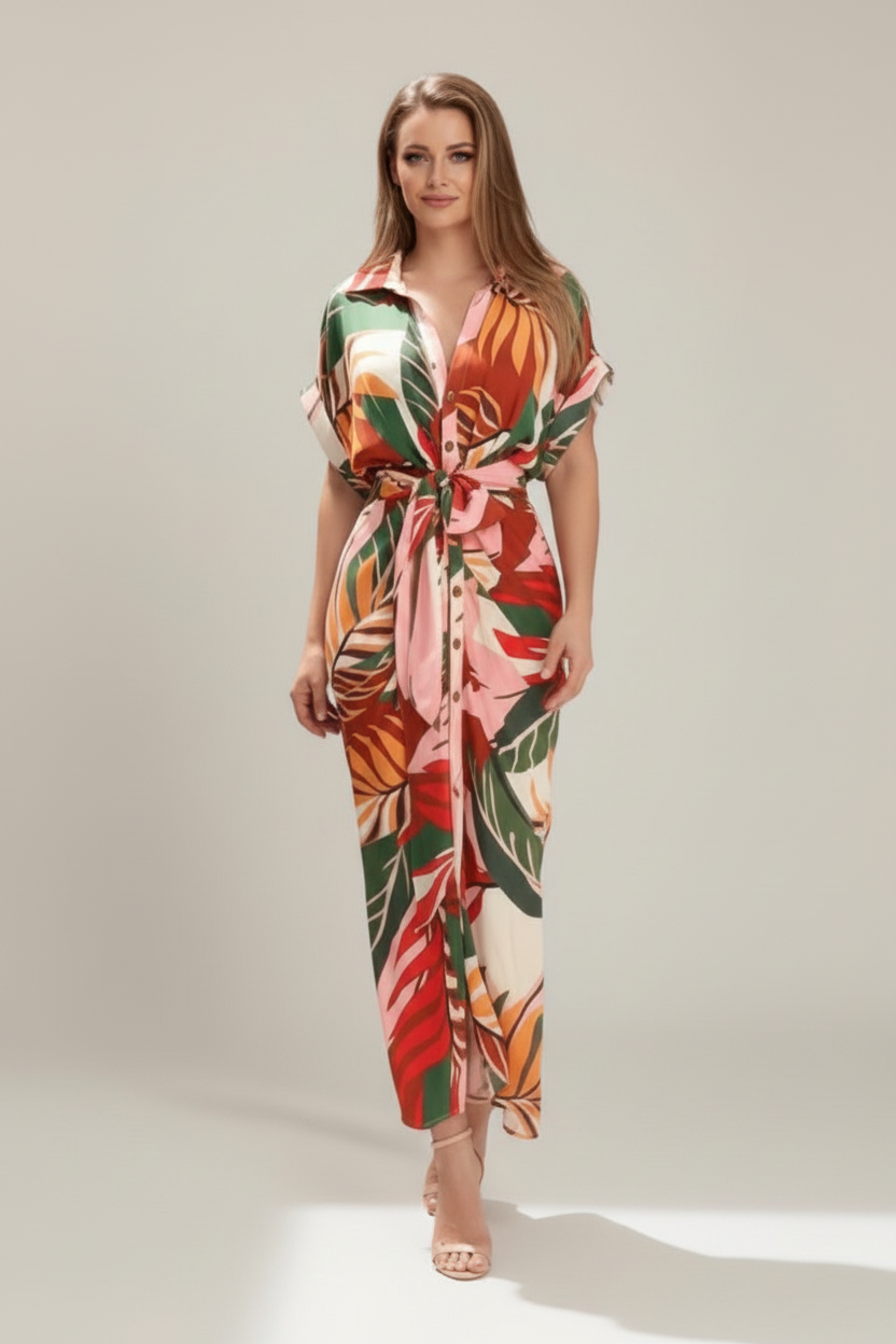 Women’s Button Front Shirt Dress with Waist Tie and Short Sleeves