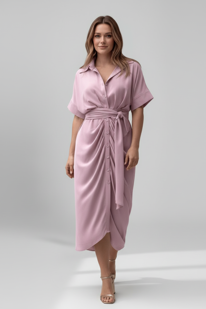 Women’s Button Front Shirt Dress with Waist Tie and Short Sleeves