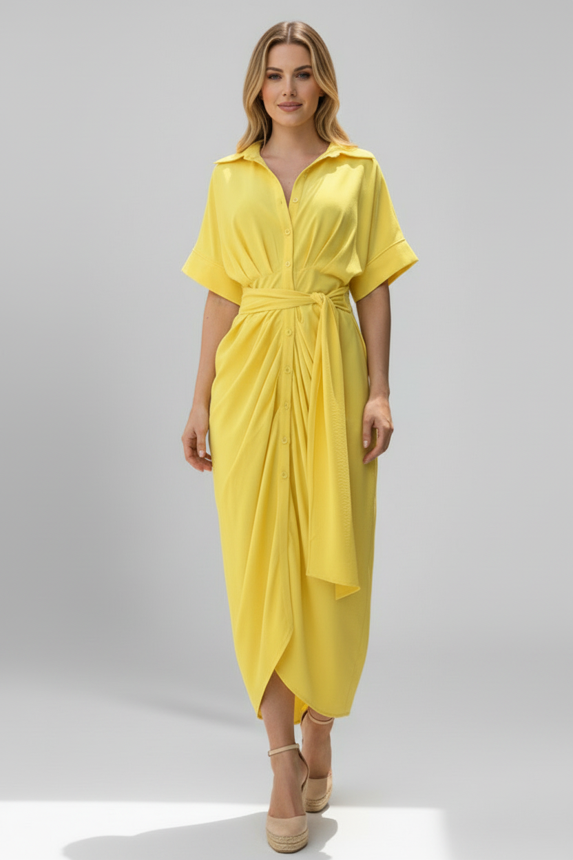 Women’s Button Front Shirt Dress with Waist Tie and Short Sleeves