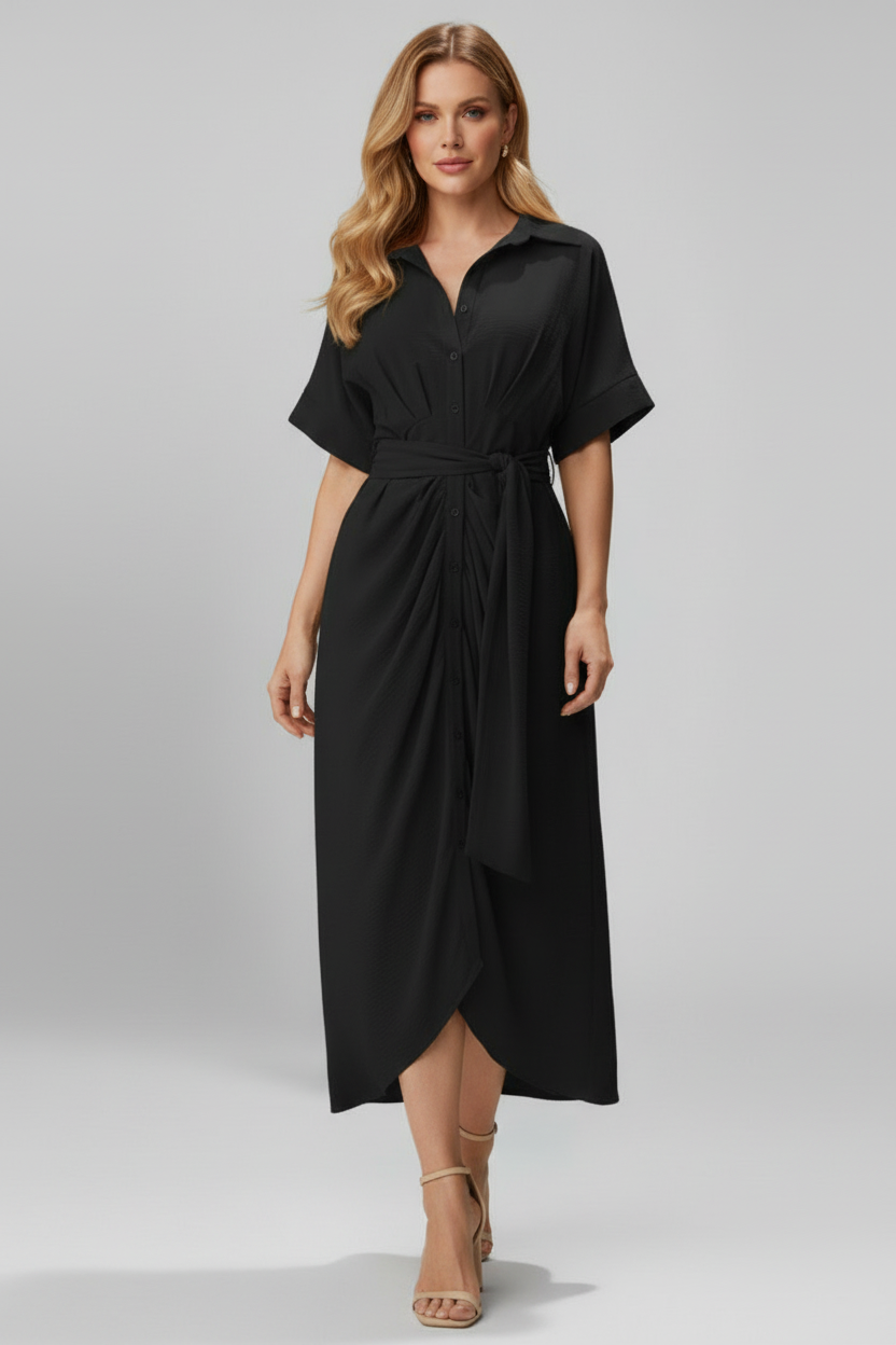 Women’s Button Front Shirt Dress with Waist Tie and Short Sleeves