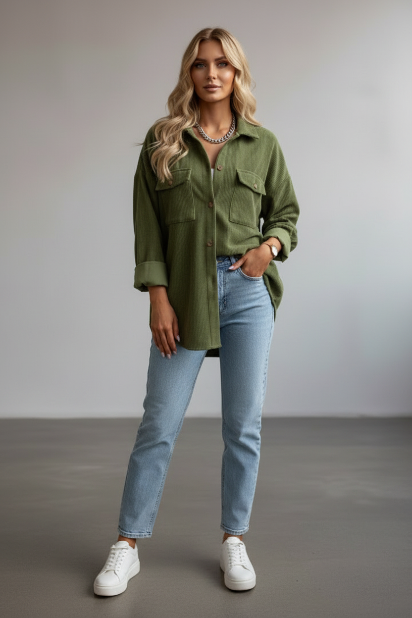 Women’s Corduroy Overshirt with Button Placket and Chest Pockets