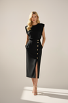 Women’s Midi Dress with Structured Shoulders and Side Button Detail