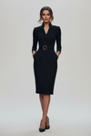 Belted Sheath Midi Dress with Structured Collar