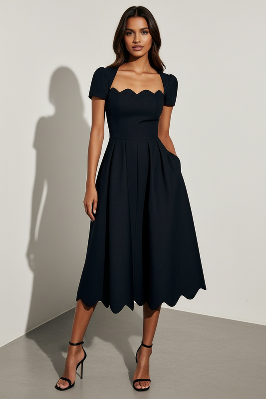 Scalloped Neckline Midi Dress with Refined Silhouette